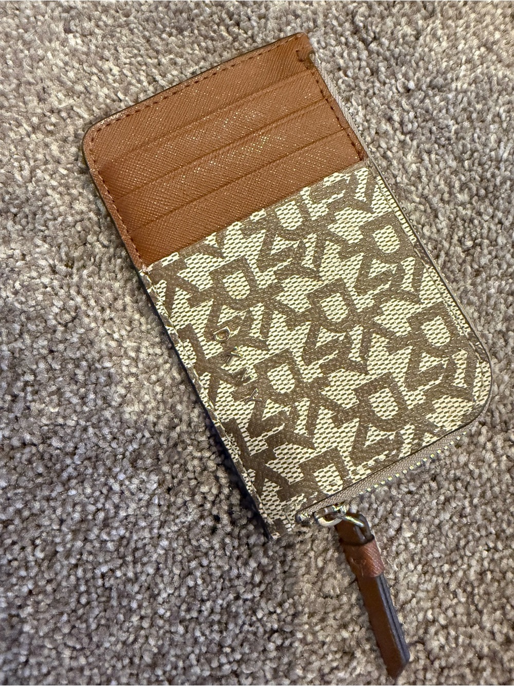 DKNY Beige and Cream Logo Zip Card Wallet